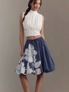 Anthropologie Blue And White Cotton Knee Length Bubble Skirt Size XL